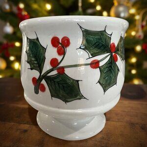 Vintage Hand Painted Italian Flower Pot Vase with Christmas Holly - 6-1/4"H